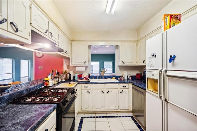 kitchen featuring sink, black range with gas cooktop, white cabinetry, white refrigerator with ice dispenser, and a textured ceiling