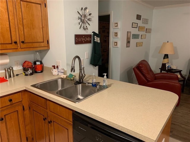 kitchen featuring kitchen peninsula, black dishwasher, ornamental molding, and sink