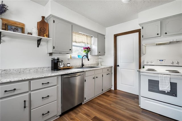 kitchen with stainless steel dishwasher, white electric range oven, gray cabinetry, and a sink