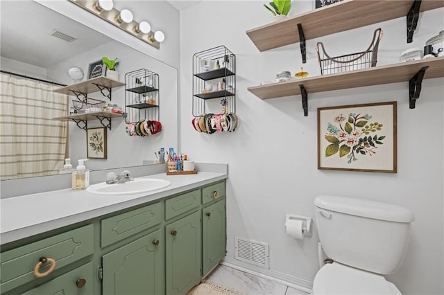 full bathroom featuring visible vents, marble finish floor, vanity, and toilet