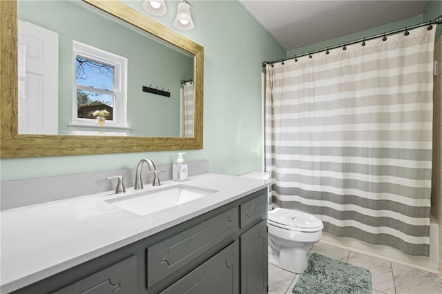 full bath with a shower with shower curtain, toilet, marble finish floor, and vanity