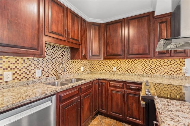 2901 Grant St Unit 601, Mobile, AL 36606 - kitchen featuring dishwasher, wall chimney exhaust hood, backsplash, and light stone counters