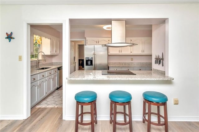 kitchen with island range hood, sink, appliances with stainless steel finishes, and light hardwood / wood-style flooring