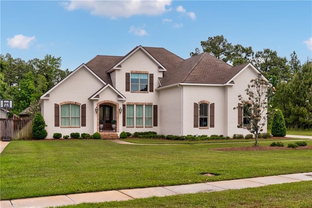 view of front of house featuring roof with shingles, a front lawn, and fence