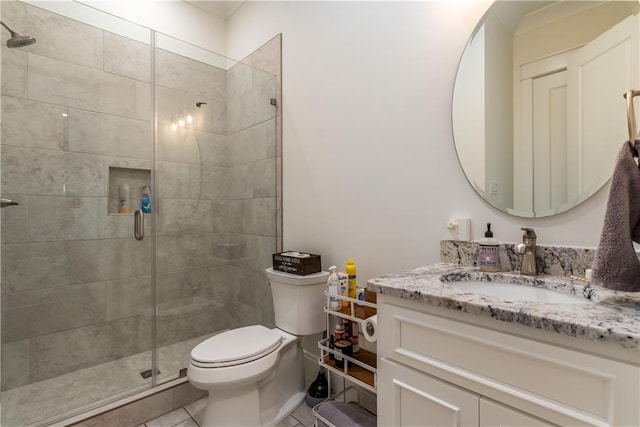 full bath featuring tile patterned floors, vanity, toilet, and a shower stall