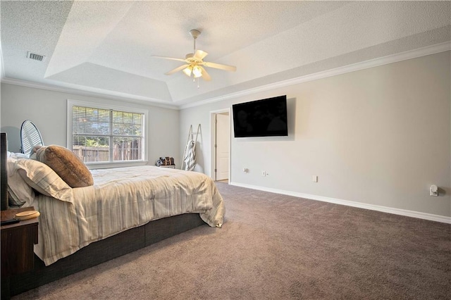 4072 Fenwick Loop, Mobile, AL 36619 - bedroom featuring a raised ceiling, carpet flooring, ornamental molding, a textured ceiling, and ceiling fan