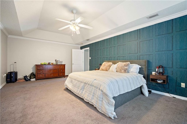 4072 Fenwick Loop, Mobile, AL 36619 - bedroom with a raised ceiling, carpet flooring, ornamental molding, ceiling fan, and lofted ceiling