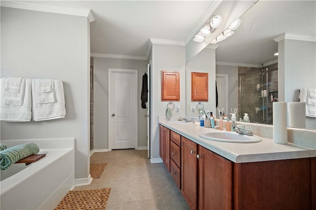4072 Fenwick Loop, Mobile, AL 36619 - full bath featuring a stall shower, double vanity, a garden tub, and crown molding