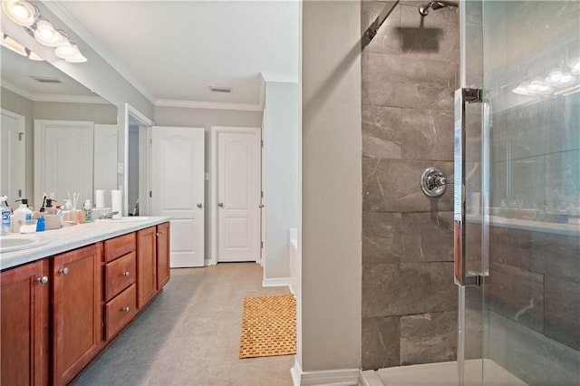 4072 Fenwick Loop, Mobile, AL 36619 - bathroom featuring a stall shower, double vanity, and ornamental molding