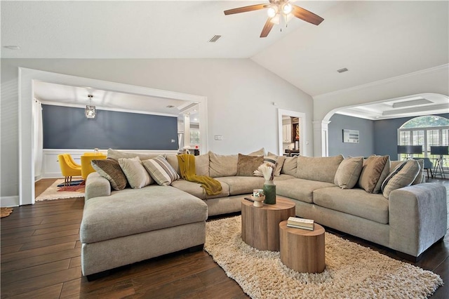 4072 Fenwick Loop, Mobile, AL 36619 - living room with ceiling fan, vaulted ceiling, arched walkways, and dark wood-style floors