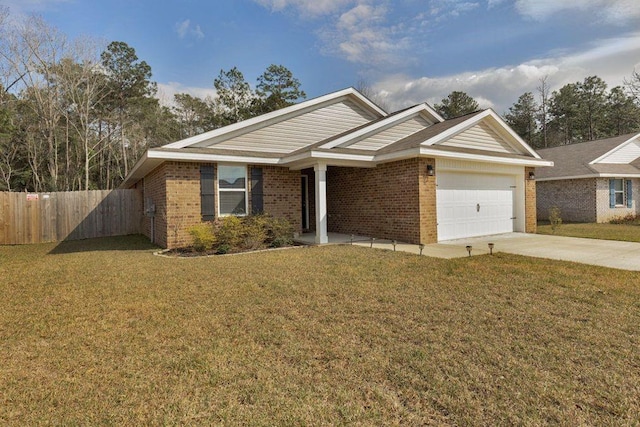 single story home featuring driveway, brick siding, a front lawn, and fence