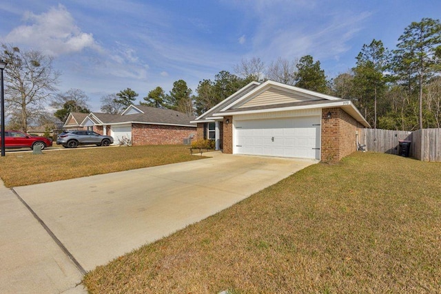 exterior space with a garage, brick siding, fence, driveway, and a front yard