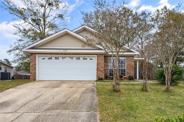 view of front of home featuring a front yard, a garage, and cooling unit