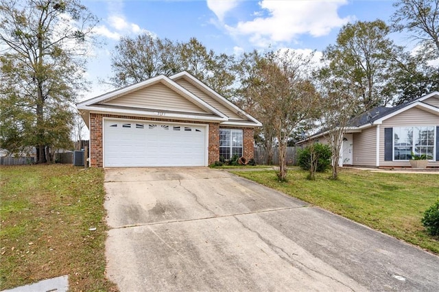 single story home featuring central AC, a front lawn, and a garage