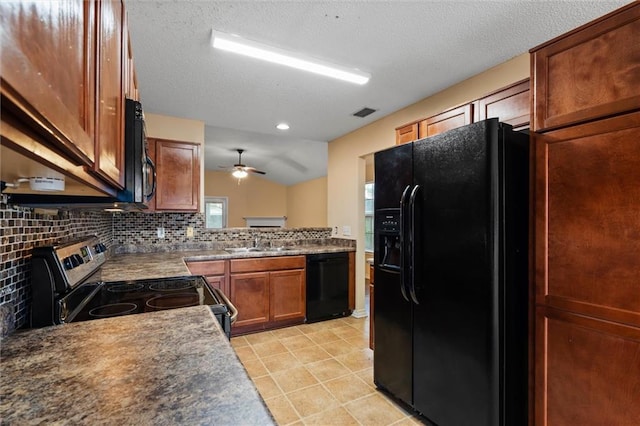 kitchen with backsplash, black appliances, sink, ceiling fan, and light tile patterned floors