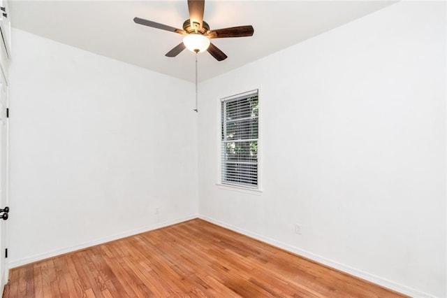 empty room with ceiling fan and light hardwood / wood-style flooring