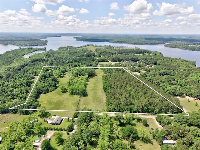 aerial view of property's location featuring a large body of water, a forest, and property boundaries highlighted