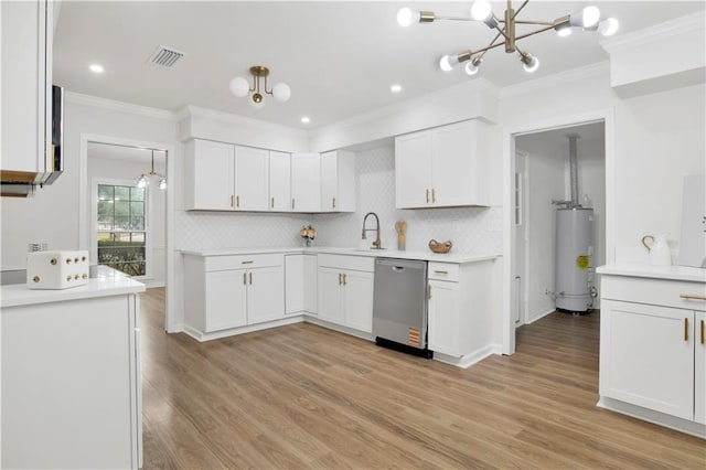 kitchen featuring water heater, white cabinetry, and dishwasher