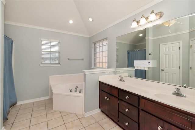 bathroom with crown molding, lofted ceiling, tile patterned floors, a sink, and a bath