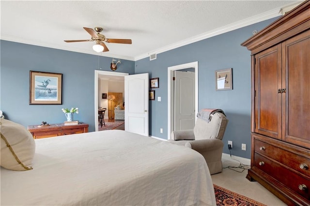 bedroom featuring light carpet, visible vents, baseboards, and ornamental molding