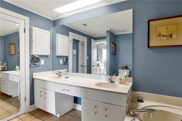 full bathroom with a sink, visible vents, crown molding, and tile patterned flooring