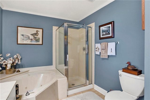 bathroom with a tub with jets, a stall shower, ornamental molding, tile patterned flooring, and toilet