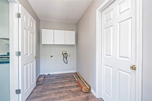 17180 Jim Platt Rd, Citronelle, AL 36522 - washroom featuring hookup for an electric dryer, washer hookup, cabinet space, a textured ceiling, and dark wood-style floors