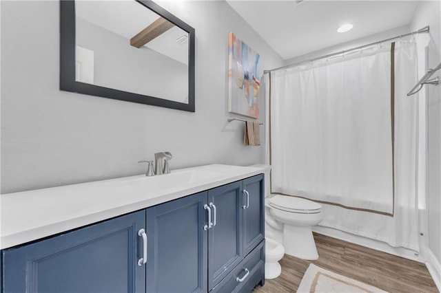 25504 Sunrise Ct, Loxley, AL 36551 - full bath featuring toilet, vanity, wood finished floors, shower / bath combo, and recessed lighting