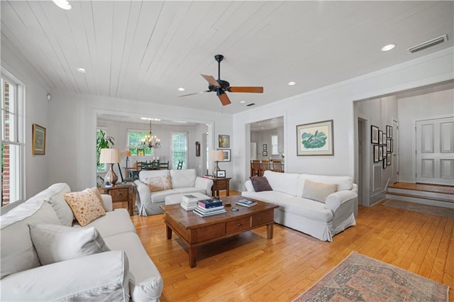 3009 Riverside Dr, Mobile, AL 36605 - living room featuring light wood-style floors, a chandelier, ceiling fan, recessed lighting, and wood ceiling