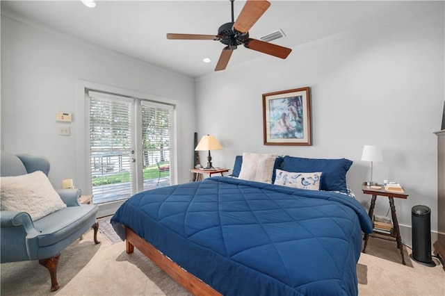 3009 Riverside Dr, Mobile, AL 36605 - bedroom with crown molding, access to exterior, light colored carpet, a ceiling fan, and recessed lighting