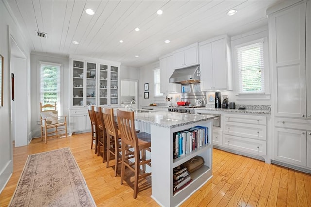 3009 Riverside Dr, Mobile, AL 36605 - kitchen with under cabinet range hood, stove, recessed lighting, healthy amount of natural light, and an island with sink