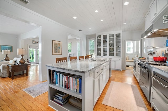 3009 Riverside Dr, Mobile, AL 36605 - kitchen featuring open shelves, recessed lighting, under cabinet range hood, light wood-type flooring, and white cabinetry