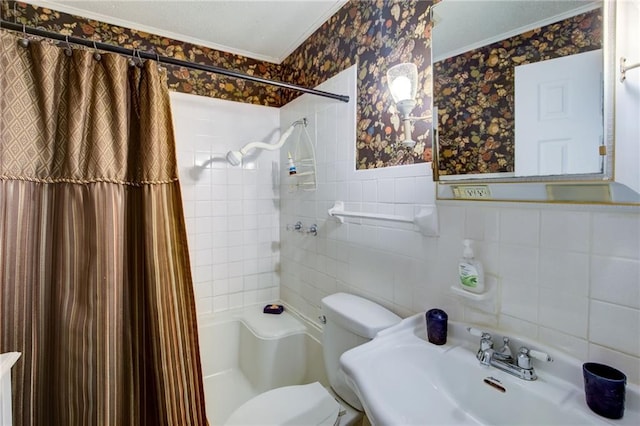 bathroom with curtained shower, ornamental molding, tile walls, and tasteful backsplash