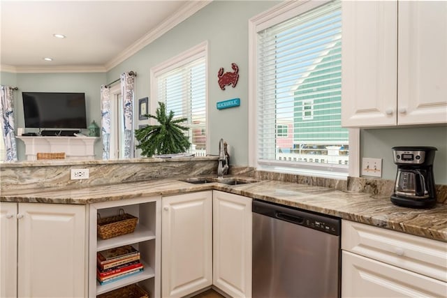 106 Serigny Ct, Dauphin Island, AL 36528 - kitchen featuring stainless steel dishwasher, a sink, white cabinetry, light stone countertops, and crown molding