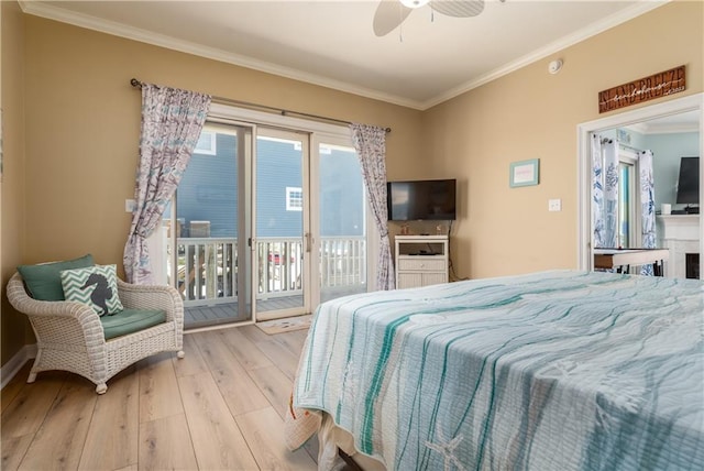 106 Serigny Ct, Dauphin Island, AL 36528 - bedroom with access to exterior, crown molding, wood finished floors, and a ceiling fan