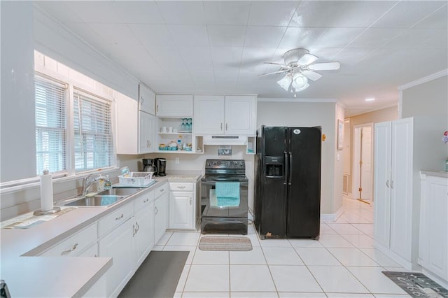 kitchen with open shelves, a sink, black appliances, under cabinet range hood, and crown molding