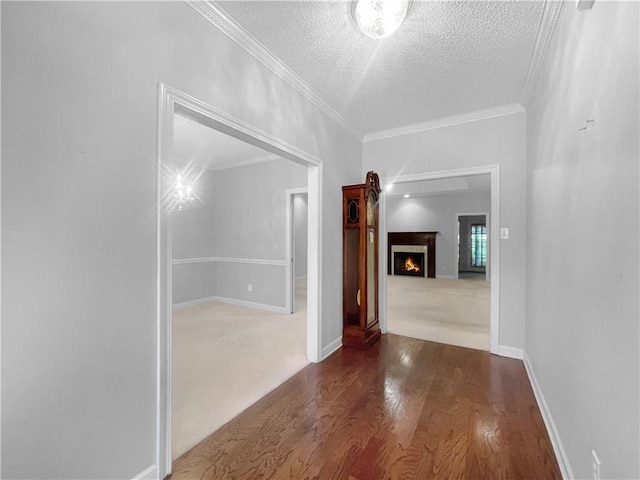 corridor with hardwood / wood-style floors, a textured ceiling, and crown molding