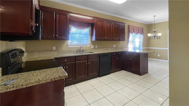 kitchen featuring sink, black appliances, decorative light fixtures, and ornamental molding