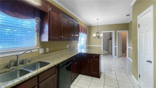 kitchen with sink, black dishwasher, decorative light fixtures, light stone counters, and kitchen peninsula