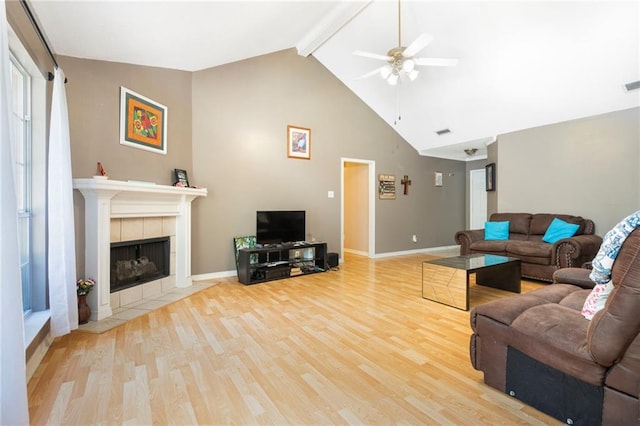 living room with ceiling fan, beamed ceiling, high vaulted ceiling, a fireplace, and light wood-type flooring