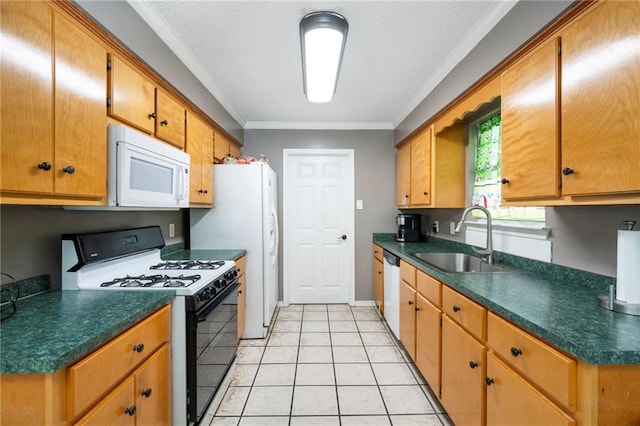 kitchen featuring sink, light tile patterned flooring, white appliances, and ornamental molding