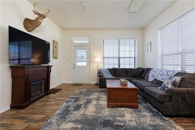 living room with a wealth of natural light, baseboards, and wood finished floors