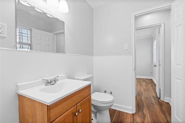 bathroom featuring vanity, toilet, and wood-type flooring