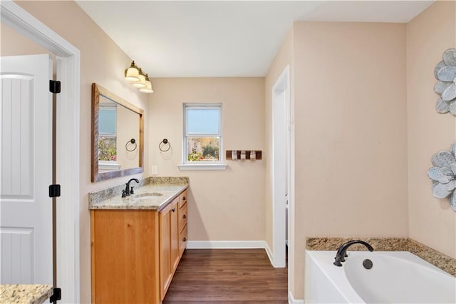 bathroom with a bathtub, vanity, and wood-type flooring