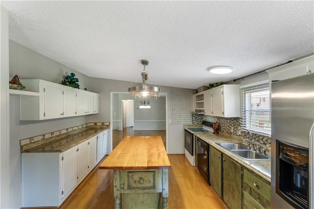 3628 Jarvis Ln, Semmes, AL 36575 - kitchen with open shelves, stainless steel refrigerator with ice dispenser, black dishwasher, a sink, and white electric range oven