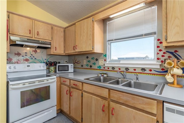 kitchen with white appliances, lofted ceiling, a sink, under cabinet range hood, and a textured ceiling