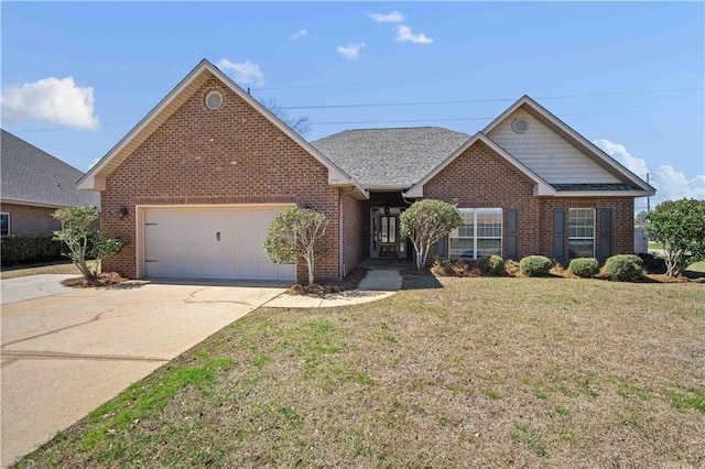 view of front of home featuring concrete driveway, an attached garage, brick siding, and a front yard