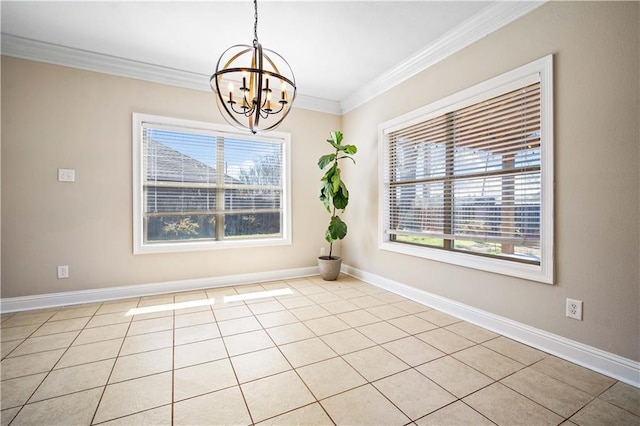 empty room featuring baseboards, a notable chandelier, a healthy amount of sunlight, and crown molding