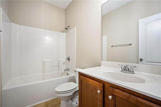 full bath featuring tile patterned flooring,  shower combination, toilet, and vanity