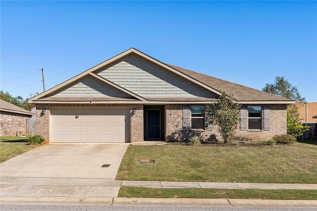 view of front of property with a garage, concrete driveway, a front lawn, and brick siding